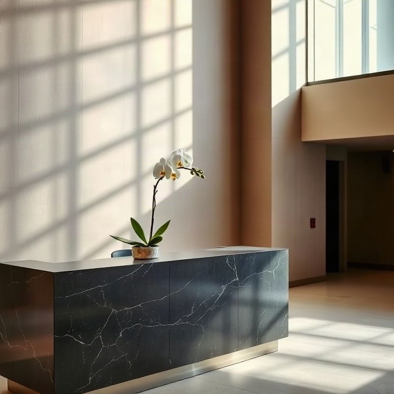 Minimalist slate-marble reception desk with a single orchid in diffused light