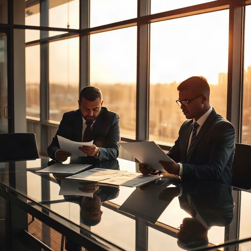 Two professionals reviewing documents at a glass conference table in Nairobi light