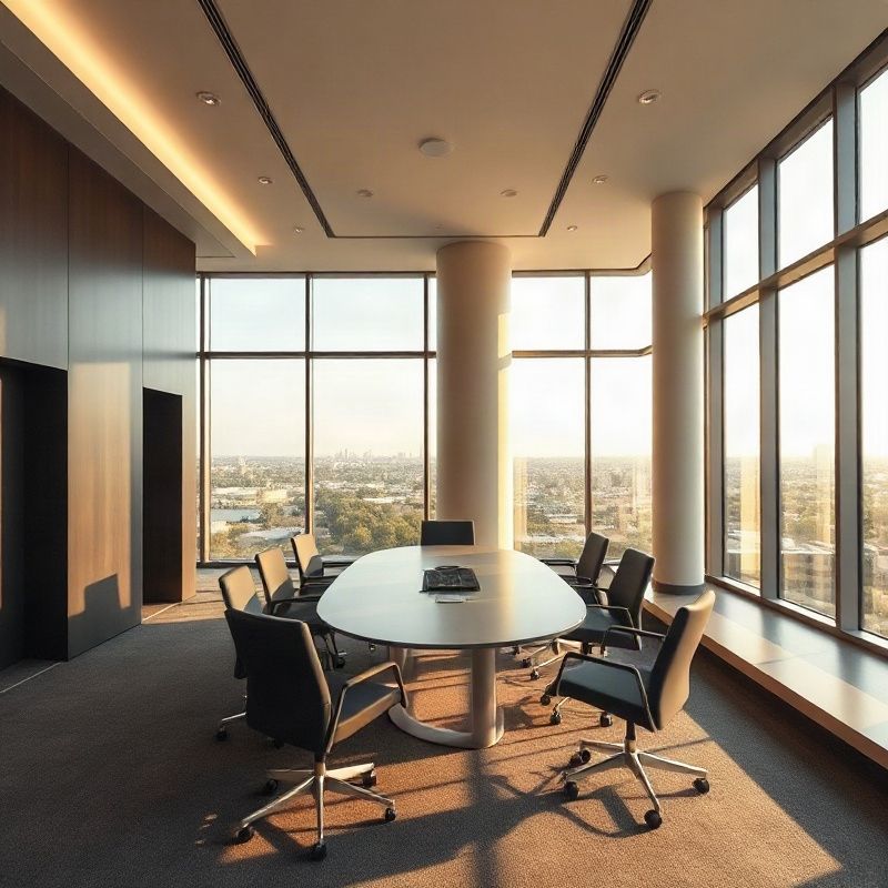 Minimalist slate-and-ivory boardroom overlooking the Nairobi skyline