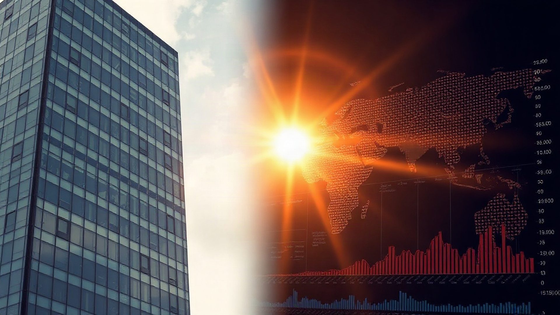 Editorial composition of a slate-grey office tower alongside a world map with financial data overlays