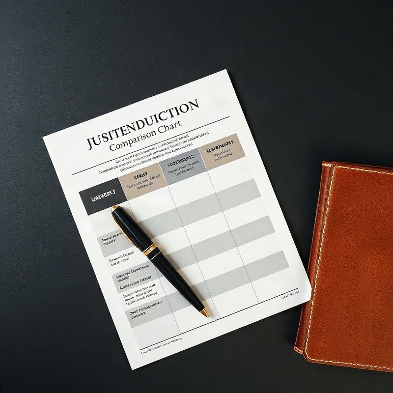Overhead view of a jurisdiction comparison chart, fountain pen and leather notebook on a slate desk