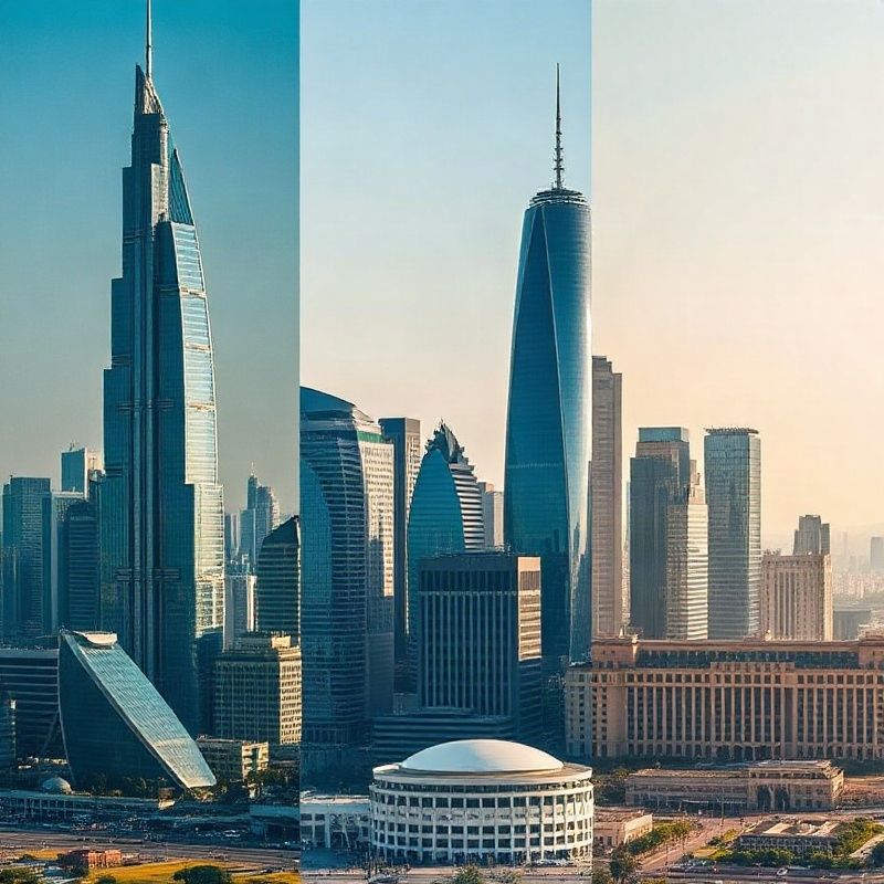 Aerial composite of Dubai, Singapore and London financial districts in cool slate tones